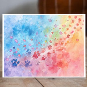 Rainbow Bridge Pet Sympathy Card, Cat & Dog Paw Prints, Animal Passing Card, Pet Loss Greeting, Comforting Note, Watercolor Greeting Card