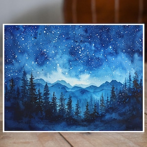 Starry Sky Over Mountain Range, Night Sky Watercolor, Note Card Greeting, Thank You, All Occasion, Birthday Card, Invitations