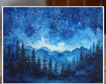 Starry Sky Over Mountain Range, Night Sky Watercolor, Note Card Greeting, Thank You, All Occasion, Birthday Card, Invitations