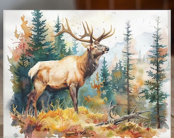 Watercolor Autumn Elk Card, Forest Greeting Card, Handmade