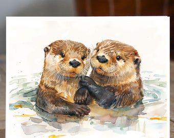 Otter Couple Love Card, Watercolor Print Handmade Card