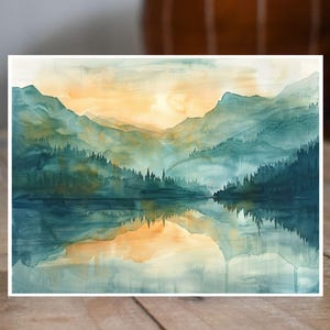 Sunrise Serenity, Watercolor Lake, Mountain Reflections,Tranquility, Note Card Greeting, Thank You, All Occasion, Birthday Card, Invitations