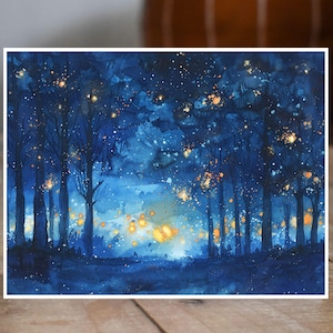 Enchanted Night Forest, Glowing Trees Watercolor, Note Card Greeting, Thank You, All Occasion, Birthday Card, Invitations