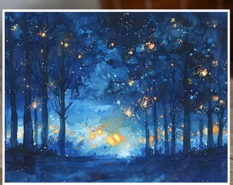 Enchanted Night Forest, Glowing Trees Watercolor, Note Card Greeting, Thank You, All Occasion, Birthday Card, Invitations