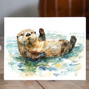 Otter Waving In Ocean, Watercolor Print Handmade Card