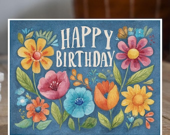 Colorful Garden Flowers, Bright Watercolor Happy Birthday Card, Bold Blue Floral Art, Cheerful Wildflowers, Handmade Greeting Card