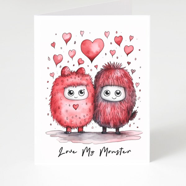 Cute & Funny Love My Monster Watercolor Card, Cute Monsters, Note Cards, Greeting Cards