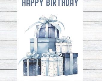 Happy Birthday Watercolor Card Birthday Cake Blue & White Set of 1, 2, 4, 6, 8 Greeting Card