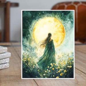 May include: A watercolor painting of a woman in a green dress standing in a field of flowers with a large yellow moon in the background.