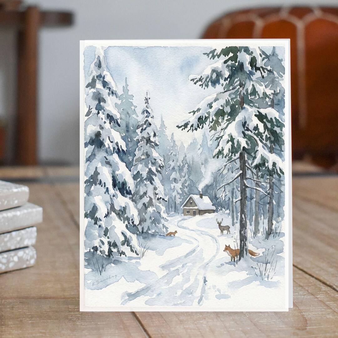 Winter Forest Cabin Handmade Watercolor Art Print Card - Etsy