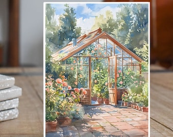 Sunlit Greenhouse Garden Watercolor Greenhouse Card, Note Card Greeting, Thank You, All Occasion, Birthday Card, Invitations