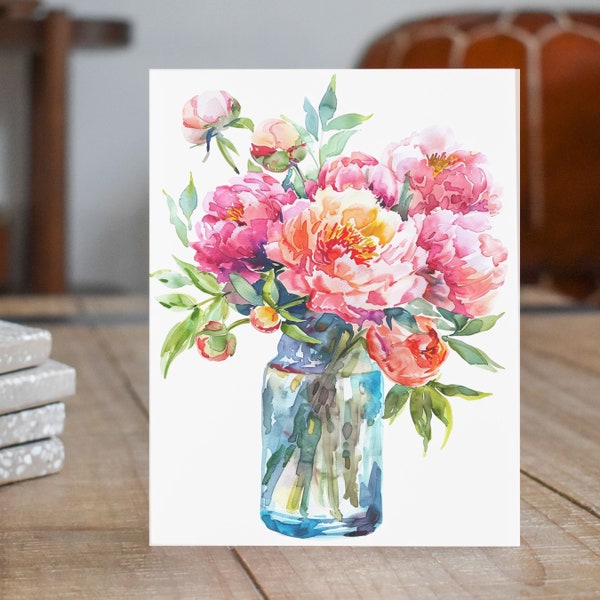 Summer Bloom Watercolor Greeting Card, Lush Peony Bouquet in Mason Jar, Floral Watercolor Series, Note Cards, Thank You Cards, Invitations