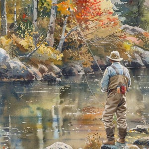 May include: A man in a brown hat and fishing waders stands on a rocky riverbank, casting a fishing line into a river. The water is clear and reflects the surrounding trees, which are a mix of green and yellow.