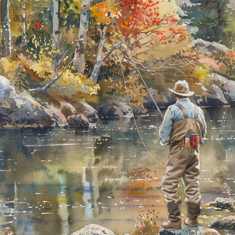 May include: A man in a brown hat and fishing waders stands on a rocky riverbank, casting a fishing line into a river. The water is clear and reflects the surrounding trees, which are a mix of green and yellow.