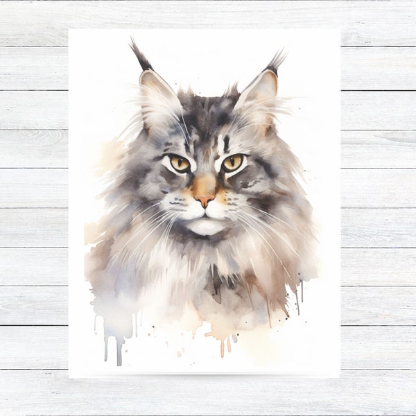 Gray Maine Coon Cat Handmade Watercolor Card, Cat Lover Greeting Card, Pet Parent Note Card, Pet Parent Keepsake, Unique Handmade Stationary