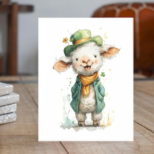 May include: A watercolor illustration of a cheerful sheep wearing a green hat, jacket, and orange scarf. The sheep has a smiling face and is adorned with shamrocks and flowers, perfect for St. Patrick's Day.
