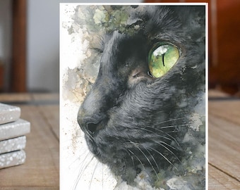 Magick Within, Black Cat Portrait. Original Watercolor Art Print Handmade Card