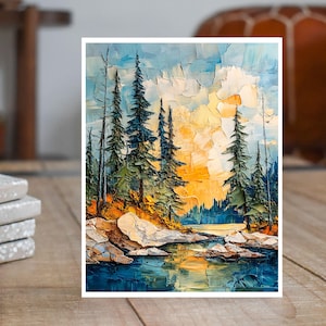 May include: A painting of a forest scene with tall pine trees and a blue river in the foreground. The sky is a bright blue with white clouds and the sun is setting behind the trees, casting a warm orange glow on the scene.