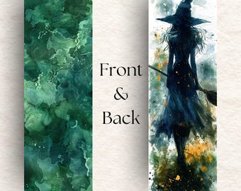 Moonlit Witch Watercolor Laminated Bookmark, Mystical Halloween Gift