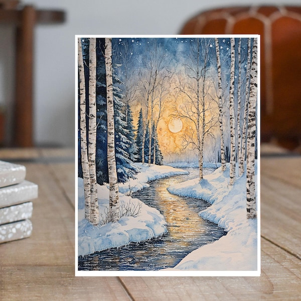 Moonlit Snowy Stream Watercolor Handmade Note, Greeting, All Occasion Handmade Card