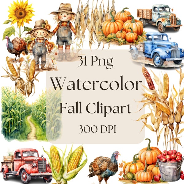 Watercolor Fall Decoration Clipart PNG Transparent Set 31 Commercial Use Digital Art 2000 px or 20 inches High Quality