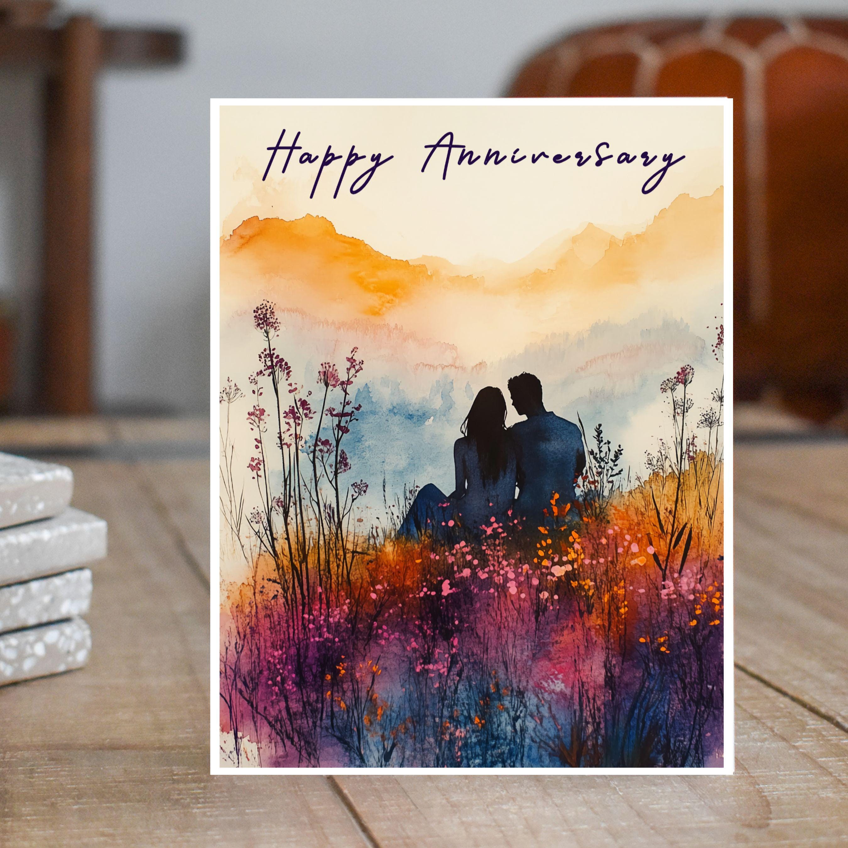Happy Anniversary Card, Romantic Meadow at Dawn Watercolor