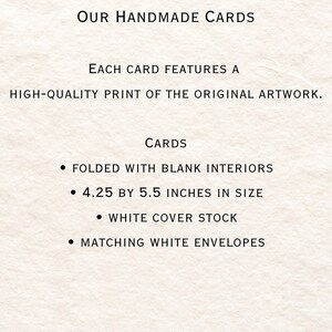 May include: Our Handmade Cards text with bullet points describing the card features: folded with blank interiors, 4.25 by 5.5 inches in size, white cover stock, and matching white envelopes.