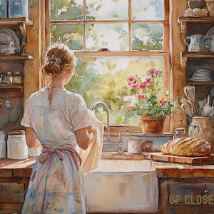 Farmhouse Dreaming, Woman by Sink, Rustic Baking Scene, Cozy Kitchen Vibes, Country Life Watercolor, High Quality Art Print, Original Art
