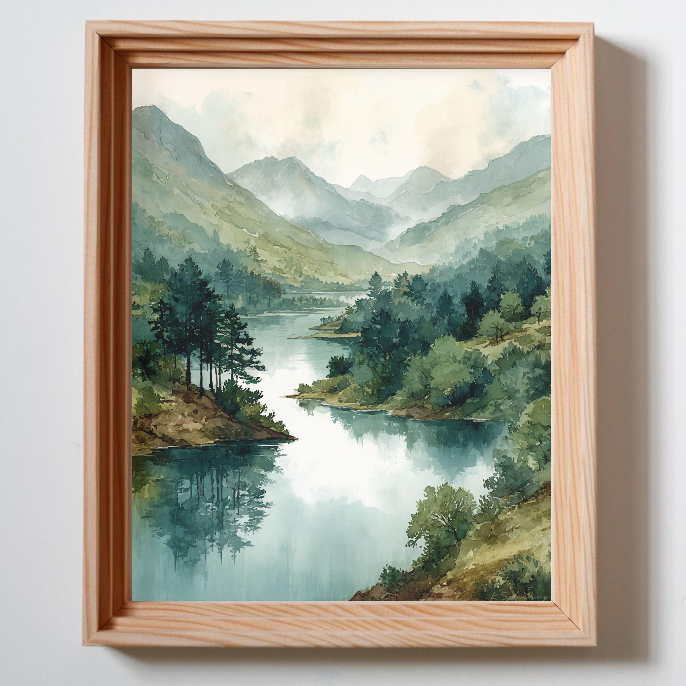 Whispering Pines, Still Waters, Mountain River Landscape, Original Art, High Quality Art Print