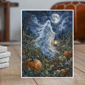 May include: A rectangular art print depicting a translucent, ghostly figure in a flowing white robe walking through a dark pumpkin patch at night. The figure carries a glowing lantern under a full moon, surrounded by orange pumpkins and foliage.