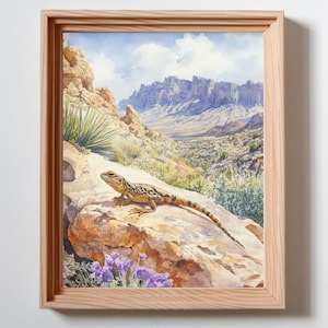 Title is Desert Sentinel – Lizard in the Southwest Nature Watercolor Wall Art , Art Print, Original Art