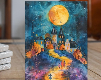 Moonlit Village Halloween, Whimsical Night Scene, Spooky Season, Note Card Greeting, Thank You, All Occasion, Birthday Card, Invitations
