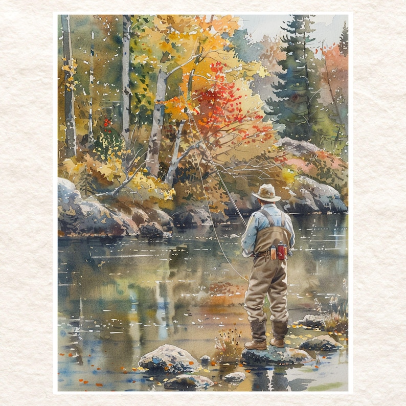 May include: A watercolor painting of a person fly fishing in a river. The person is wearing a hat and waders and is standing in the water. The river is surrounded by trees with fall foliage.