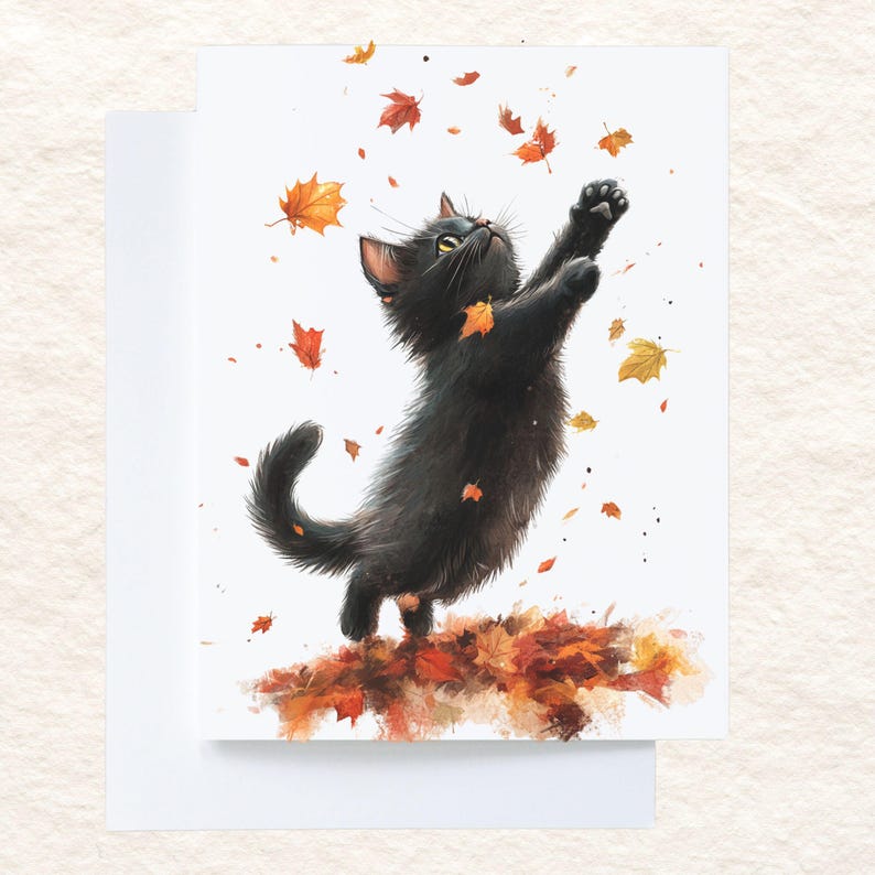 Black Cat and Autumn Leaves, Whimsical Fall Greeting Card, Cute Cat Art ...
