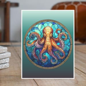 Stained Glass Octopus, Underwater Tentacles and Ocean Blues, Sea Creature Illustration, Watercolor Print Handmade Greeting Card