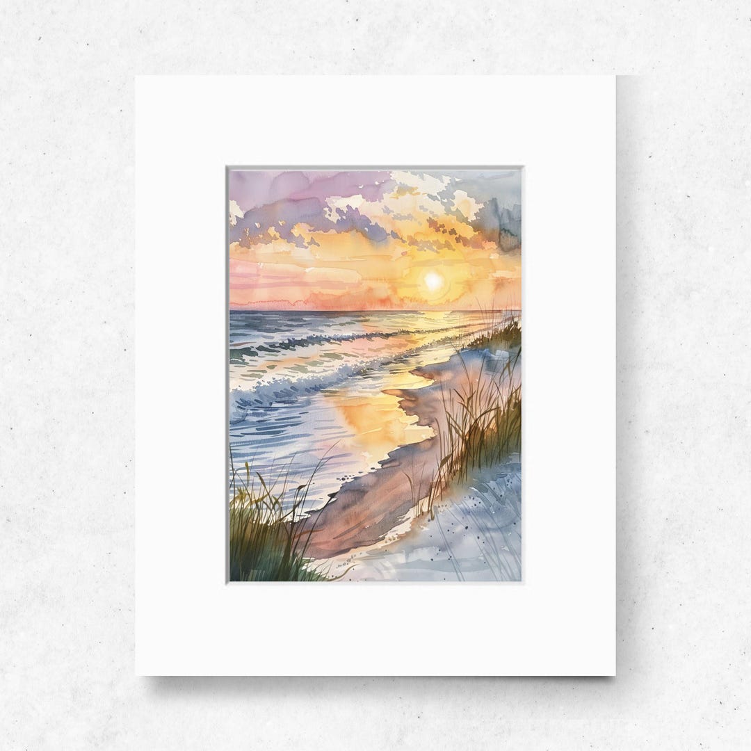 Serene Beach Sunset Watercolor Art Print, Coastal Landscape, Ocean ...