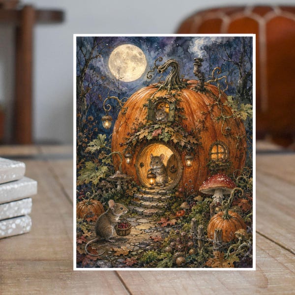 Pumpkin House Halloween, Woodland Mice Watercolor & Ink Style Art, Handmade Watercolor Card