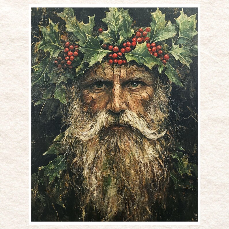 May include: A painting of a man with a long white beard and a crown of holly leaves and red berries. The man has a serious expression on his face.