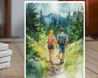 Watercolor Hiking Couple Card, Nature Lovers Greeting, Outdoors Adventure Card, Anniversary for Hikers, Handmade Card