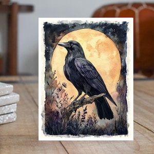 May include: A black raven perched on a branch with a full moon in the background. The raven is facing to the right and the moon is a pale yellow color. The background is a dark blue with stars.