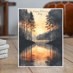 Fading Light, Smoky Pines and Sunset Reflections Watercolor Art Print Greeting For Fathers Day Handmade Card