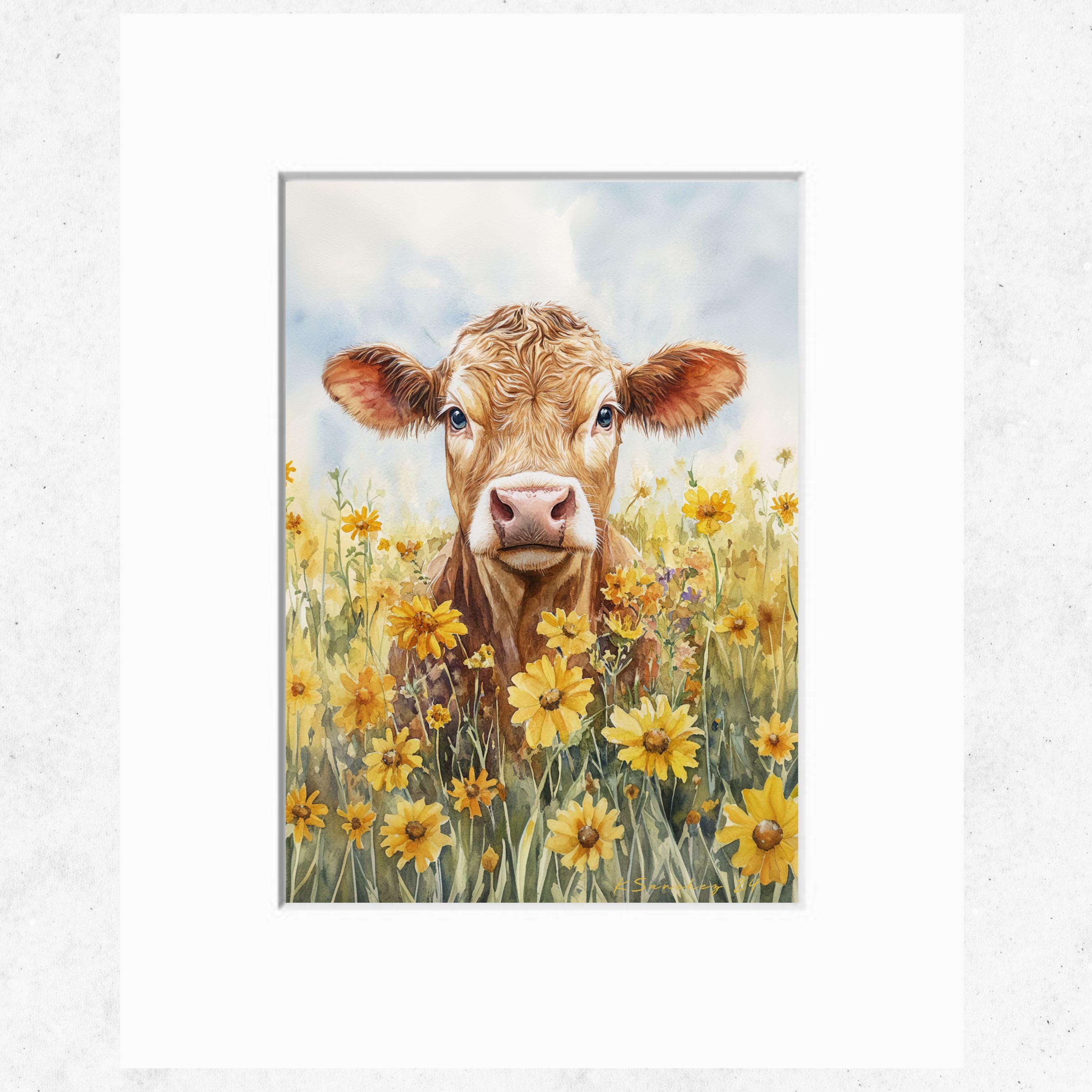 Farmhouse Milk Cow in Wildflowers – Watercolor Rustic Wall Art Print Original Art