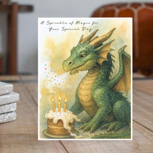 Magical Dragon Card, Fantasy Birthday Greeting, Cute Green Dragon with Cake, Sprinkles and Fire, Handmade Greeting Card