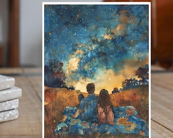 Starry Skies Romantic Stargazing, Watercolor Card, Note, Thank You, Birthday Card, Invitations, Anniversary
