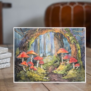 Mystical Mushroom Magical Forest Greeting Card, Watercolor Note Cards, Invitations Unique Handmade Stationary