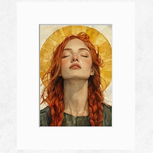 May include: A watercolor painting of a woman with long, red hair in braids. She has her eyes closed and is wearing a green shirt. The background is a yellow halo.
