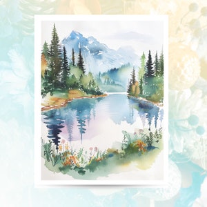 Watercolor Blue Mountain Lake Scene, Forest Reflections Card, Note Card Greeting, Thank You, All Occasion, Birthday Card, Invitations image 3