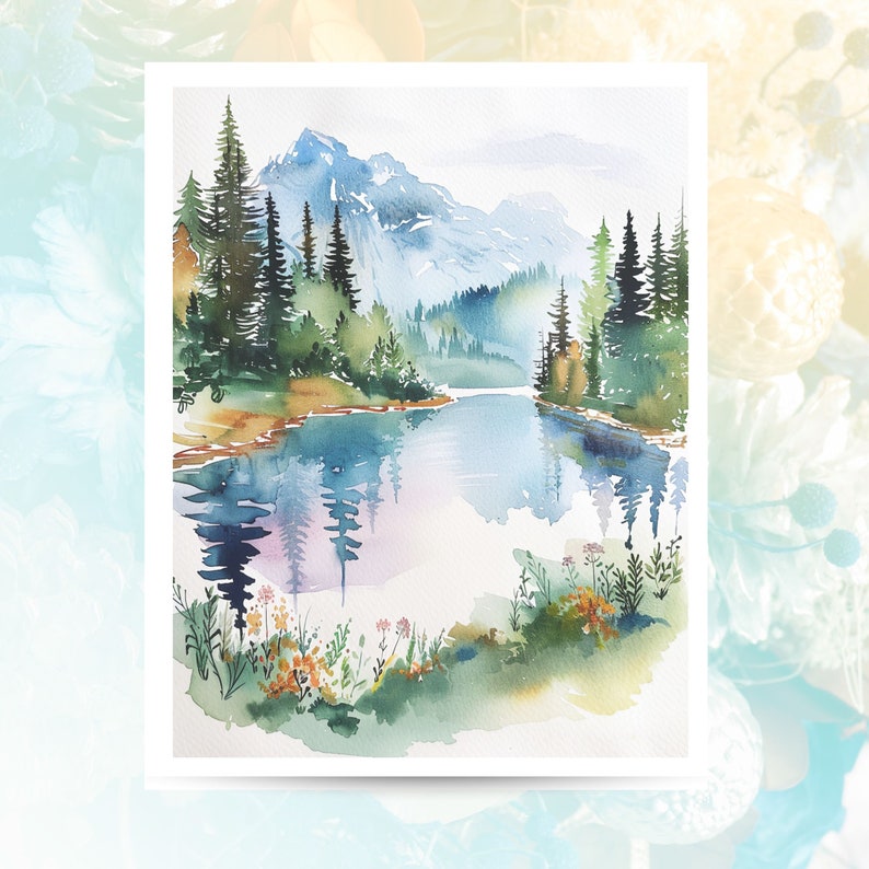 Watercolor Blue Mountain Lake Scene, Forest Reflections Card, Note Card Greeting, Thank You, All Occasion, Birthday Card, Invitations image 3