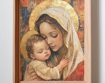 Mary and Baby Jesus Art Print, Religious Artwork, Catholic Wall Decor, Spiritual Gift, High-Quality Original Art Print
