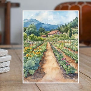 May include: A watercolor painting of a garden path leading to a house in the distance. The path is lined with rows of green plants and flowers, including yellow flowers and purple flowers. The house is a light brown color with a red tile roof. The background is a blue sky with white clouds and green hills.
